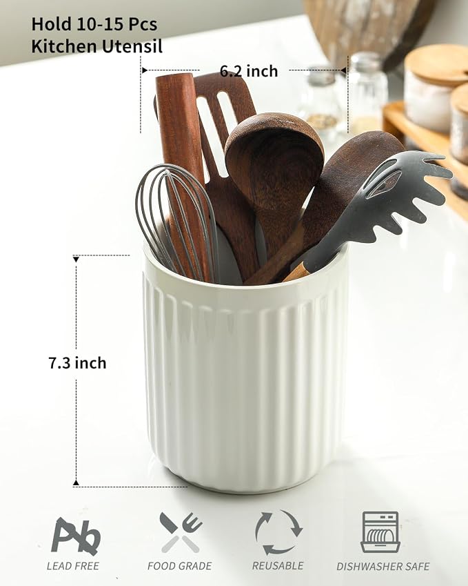 HASENSE Utensil Holder, 7.3” x 6.2” Farmhouse Utensil Holder for Kitchen Countertop, Ceramic Cooking Utensil Crock, Kitchen Utensil Organizer for Wedding Gift, Spatula Holder for Counter, White