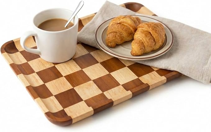 Rectangular Checkered Acacia Wood Serving Tray – Decorative Wooden Tray for Coffee Table, Snacks, and Food – Modern Wood Serving Tray for Kitchen, Dining, and Living Room Decor（13.7" x 9.8" x 0.6"）