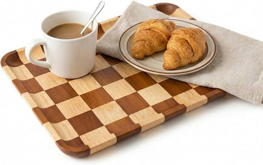 Rectangular Checkered Acacia Wood Serving Tray – Decorative Wooden Tray for Coffee Table, Snacks, and Food – Modern Wood Serving Tray for Kitchen, Dining, and Living Room Decor（13.7" x 9.8" x 0.6"）