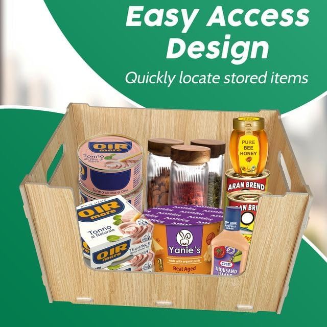 TidyFriend Wooden Stackable Storage Bins for Pantry, 4 Pack Stackable Bins For Organizing Food, Kitchen, and Bathroom Essentials (Wood)