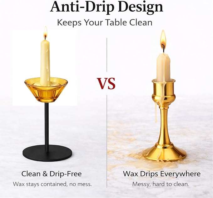Smytle Amber‑Gold Glass Candlestick Holders with Weighted Black Metal Base, Set of 3 Amber Candle Holders for Both Taper and Tea Light Candles, Boho & Autumn Table Decor, Wedding Centerpiece