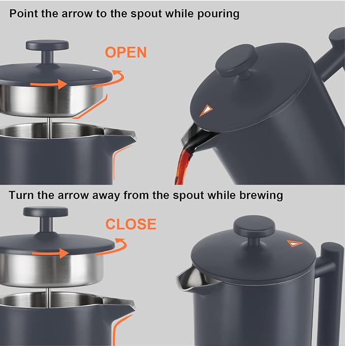 Secura French Press Coffee Maker, 304 Grade Stainless Steel Insulated Coffee Press with 2 Extra Screens, 34oz (1 Litre), Grey (Pack of 2)