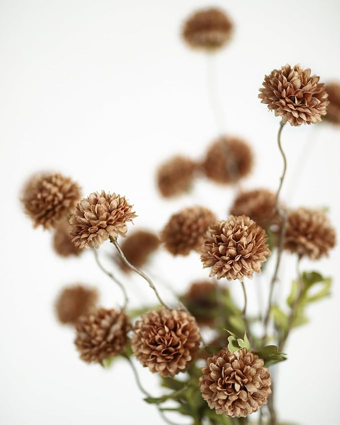 DuHouse 9pcs Artificial Flowers Faux Silk Pompon Mum,Silk Small Mini Chrysanthemum Ball with Stems for DIY Wedding Bouquets Centerpieces Vase Home Table Kitchen Decoration(Coffee)