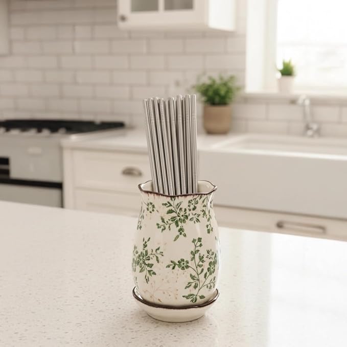 Farmhouse Utensil Holder, Floral Ceramic Chopstick Organizer, White & Green Flower Pattern, Vintage Kitchen Countertop Decor, 5.9 In