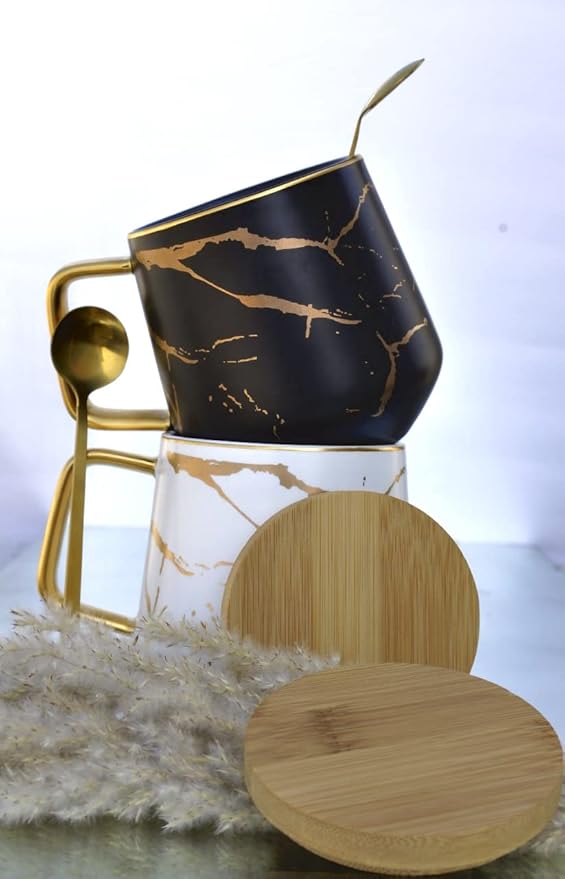 Classic Ceramic Kintsugi Style Coffee Tea Mug with Gold Inlay, Spoon and Bamboo Lid- 12 OZ, Set of 2- Large Mugs, Unique Design, Perfect Novelty Gift- Dishwasher Safe