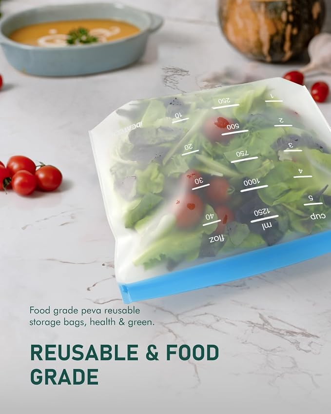 IDEATECH Reusable Gallon Freezer Bags, Reusable Food Storage Bags, 6Pack | Leakproof, Dishwasher Safe, BPA-Free Food Grade, Large Size with Measurement Marks for Meat, Marinades & Freezer Storage