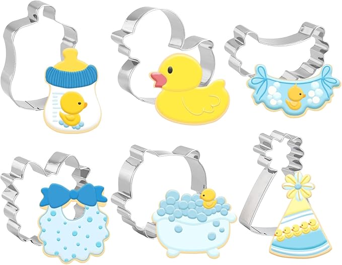 FYSUIMU 6Pcs Duck Baby Shower Cookie Cutters Cute Duck Baby Bottle & Bib Bathtub Party Hat Biscuit Cutter Stainless Steel Cookie Cutting Molds for Birthday Gender Reveal