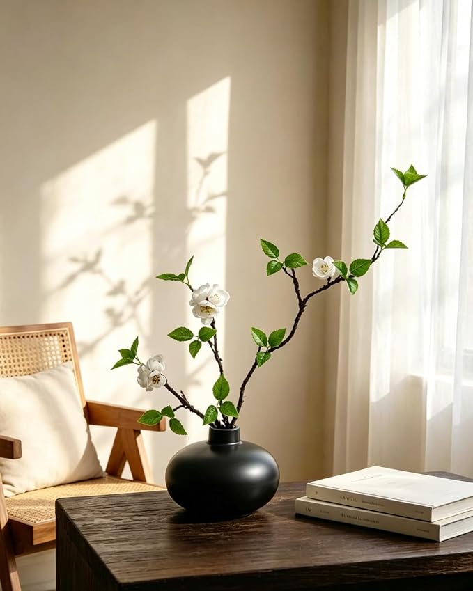 Fake Greenery Stem with Vase - 20'' Plants Artificial Decor for Table Small Artificial Potted Plants for Vase Fake Silk Plants Home Office Bathroom Shelf Cabinet Tabletop Decoration, Black