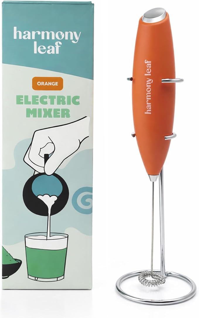 Harmony Leaf Handheld Milk Frother, Stainless Steel Electric Drink Mixer with Stand, Battery Operated Coffee Frother for Lattes, Matcha, Hot Chocolate and More, Orange