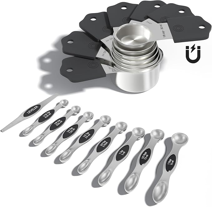 Magnetic Measuring Cups & Spoons Set, Heavy Duty 304 Stainless Steel, Double Measurement Markings, Strong N52 Magnet, Set of 16 with Leveler for Measure Dry & Liquid Ingredient, Dishwasher Safe, Black