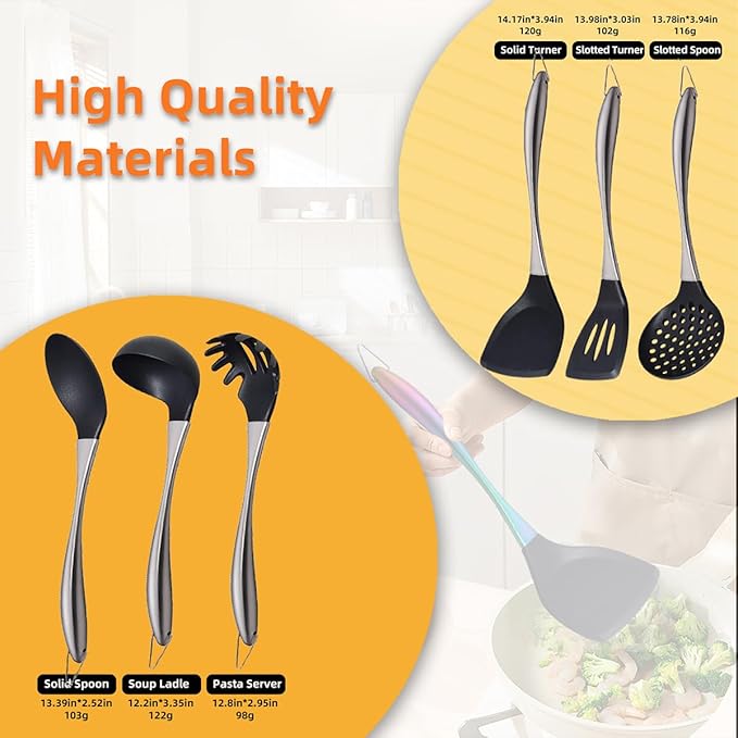 Kitchen Utensils Set, Large Non-stick Silicone Cooking Utensils Set 6 Pcs,Made of 446°F Heat Resistant Food Grade Silicone and Stainless Steel Handles,Easy to Clean Kitchen Gadgets Set (Silver)