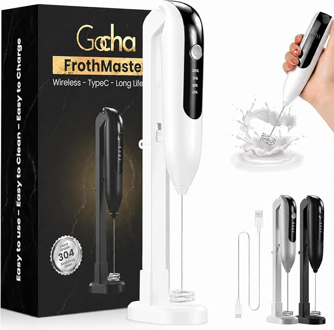 GOCHA Rechargeable Milk Frother, USB-C Electric Milk Foamer Handheld, Double Spring Whisk, 2-Speed Foam Maker for Coffee, Latte, Cappuccino, Matcha, Hot Chocolate, Stand Included (White)