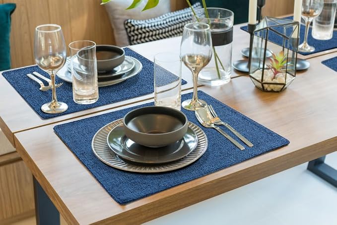 homing Faux Cotton Linen Placemats Set of 4, Cloth Washable Farmhouse Dining Table Mats for Indoors & Outdoors, Easy to Clean, Navy Blue, 13 x 19 Inch