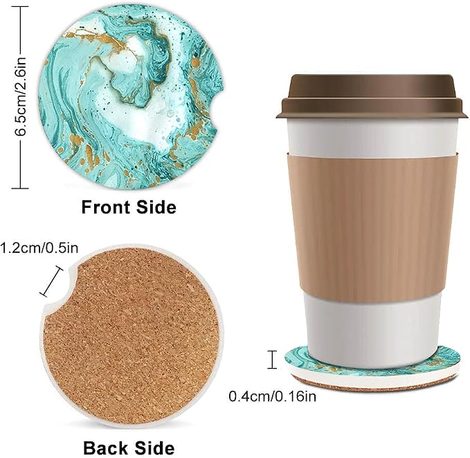Turquoise Gold Marble Absorbent Cup Holders Car Coasters,Ceramic Stone Drinks Coaster Set for Women Man 2.56"(2 Pack)
