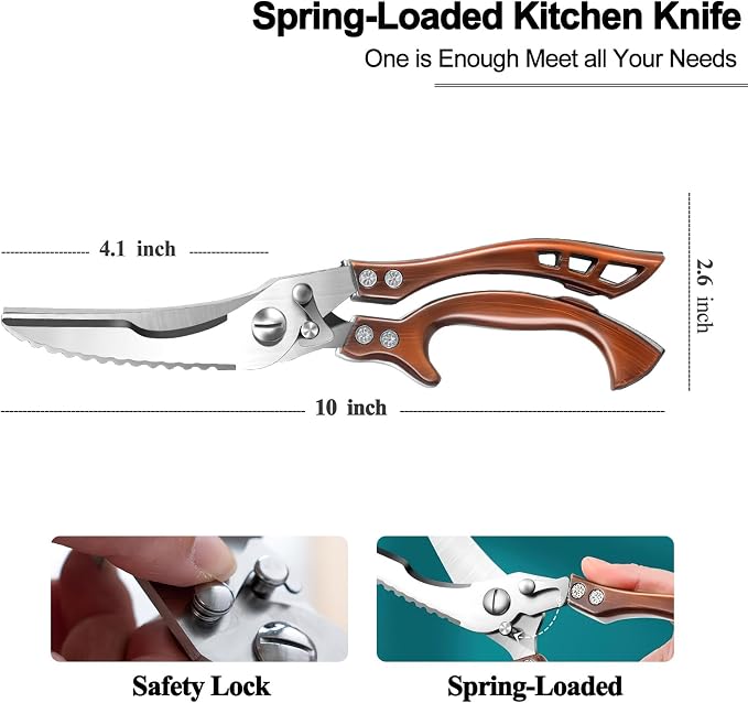 ZICOLU Poultry Shears Heavy Duty Professional, Multipurpose Kitchen Shears with Sheath, Spring-Loaded Stainless Steel Chef Scissors Cutting Bone, Chicken, Fish, Food, Meat, Full Steel Handle Brown