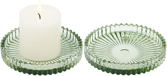 Vixdonos 3.8 Inch Glass Pillar Candle Holder Set Pack 2 Gear Round Plate Serrated Candle Stand for Table Centerpieces,Party, Wedding and Home Decor