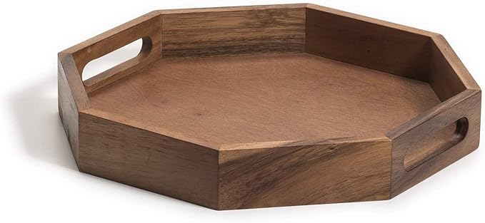 Acacia Wood Octagon Serving Tray – 13” Rustic Wooden Tray for Coffee Table, Kitchen or Home Decor