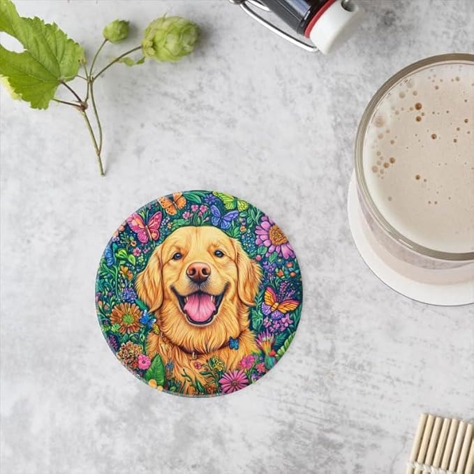 1 Pcs Coffee Cup Coasters for Drinks, Golden Retriever in Floral Paradise Round Absorbent Non-Slip Ceramic Stone Cork Coasters for Kitchen Living Room Office Decoration Bar (4 * 4 Inch)