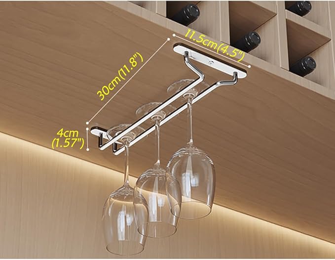 CAKERS Under Cabinet Hanging Stemware Display Rack|304 Stainless Steel Wine Glass Holder|Wine Glass Storage Organizer Hanger,1 Rows,30cm(11.8in)