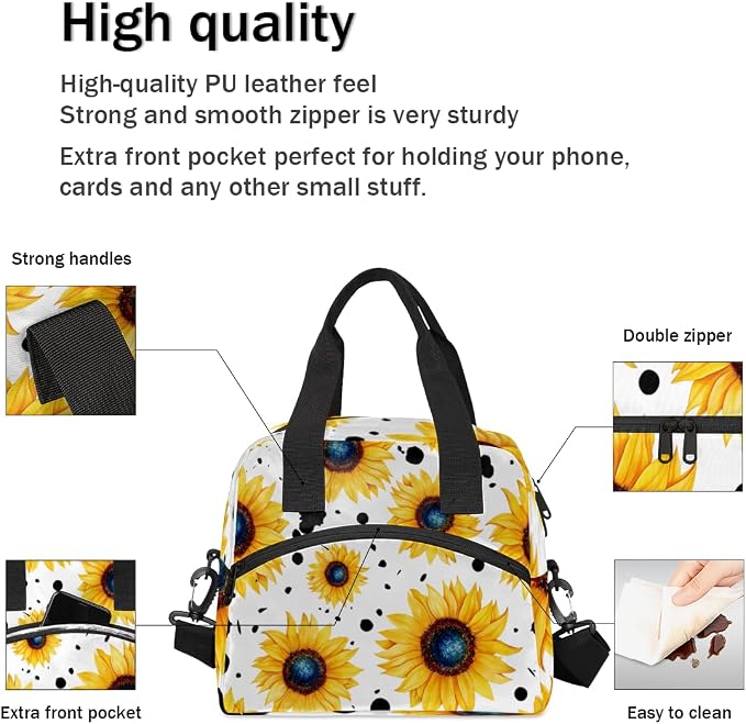 Pattern Yellow Sunflowers Insulated Lunch Bag for Women Men Reusable Lunch Box Cooler Bag Large Leakproof Lunch Tote with Adjustable Shoulder Strap for Adult Work Picnic Camping Beach Office