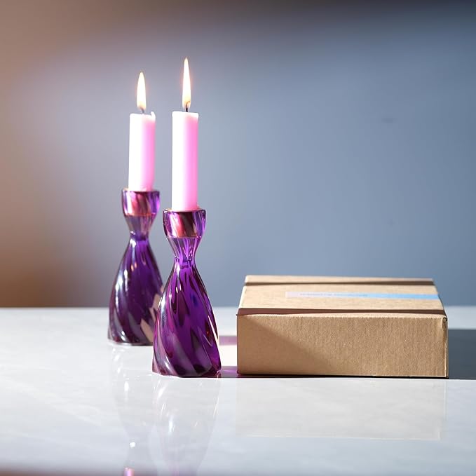 Twizzle Twist Candle Holder, Decorative Candle Holder for Table Display, Romantic Decoration, Unique Home DÉCOR Aesthetic, Housewarming Gift, Purple Height 5.7 inches Set of 2 - Resin