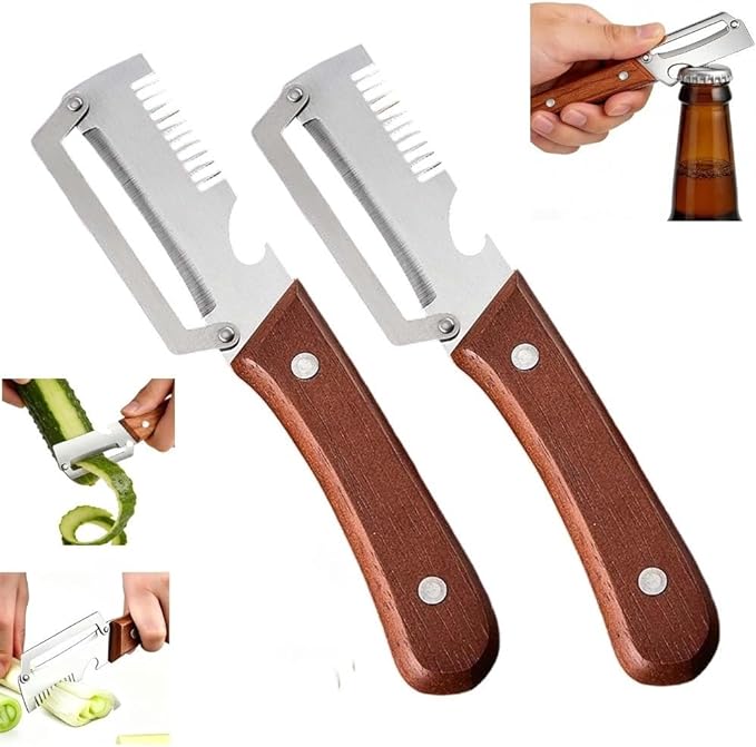 Multifunctional Vegetable Peeler with Sharp Stainless Steel Blade & Wooden Handle, 2-in-1 Kitchen Tool with Bottle Opener, Efficient Peeling for Vegetables & Fruits (2 PCS)