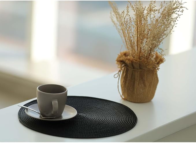 FunWheat Round Braided Placemats Set of 6 Place Mats for Dining Tables Woven Washable Non-Slip Table mats Small 13 inch(S Black, 6pcs)