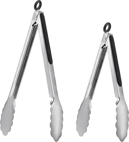 ALLTOP Metal Cooking Tongs,Stainless Steel Food Tong with No-slip Silicon and Locking Ring for Kitchen - 9 &12 inch,Set of 2-Black
