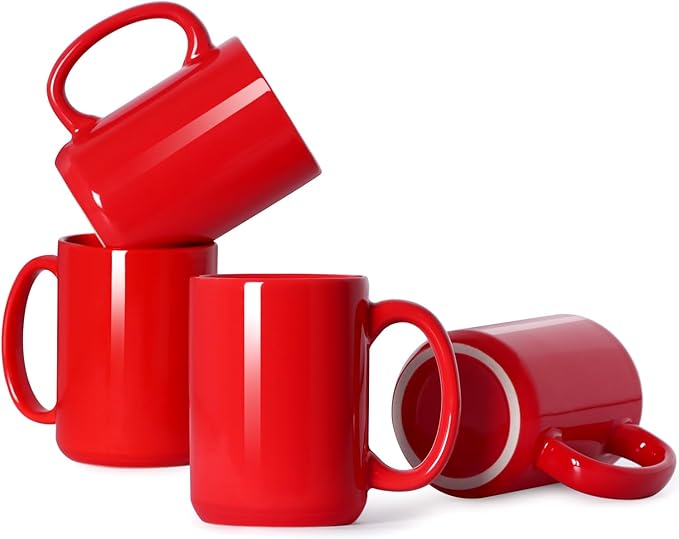 16 OZ Porcelain Coffee Mugs, Classic Blank Ceramic Cup with Large Handle for Tea Latte Cappuccino, Set of 4, Red
