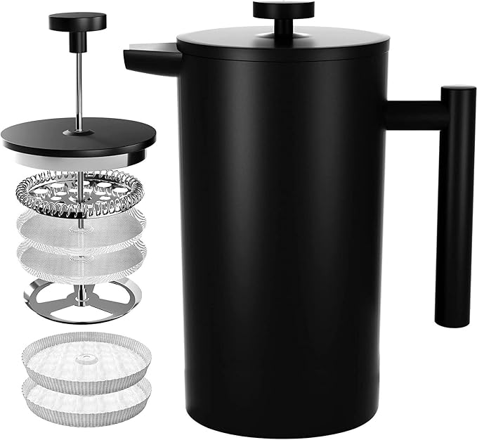 French Press Coffee Maker,Stainless Steel Double Wall Insulated Coffee Press 34 oz,4-8 Cups, Portable Hot Cold Brew Teapot Cafetera for Coffee Bar Accessories Kitchen Camping (Black,34oz)
