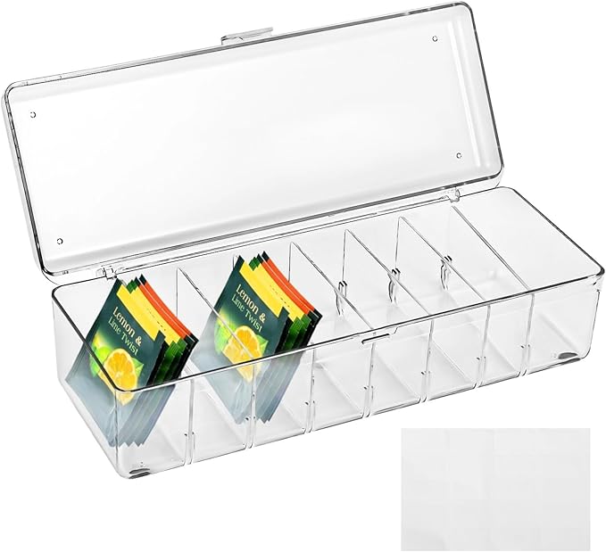 Clear Tea Bag Holder with Lid, 8-Slot Tea Bag Organizer, Drink Packet Holder, Pantry Storage Divider Container with Label Stickers Zip Ties, Clear Beverage Bag Storage Bin for Kitchens Office