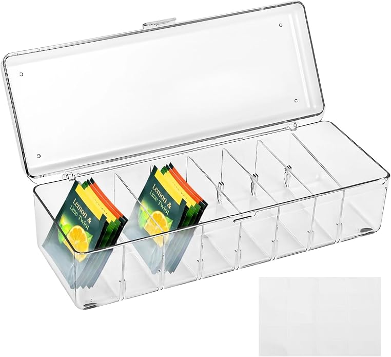 8-Slot Transparent Tea Bag Organizer With Lid, Beverage Packet Storage Container, Pantry Divider With Label Stickers And Zip Ties, Clear Storage Bin For Kitchen And Office
