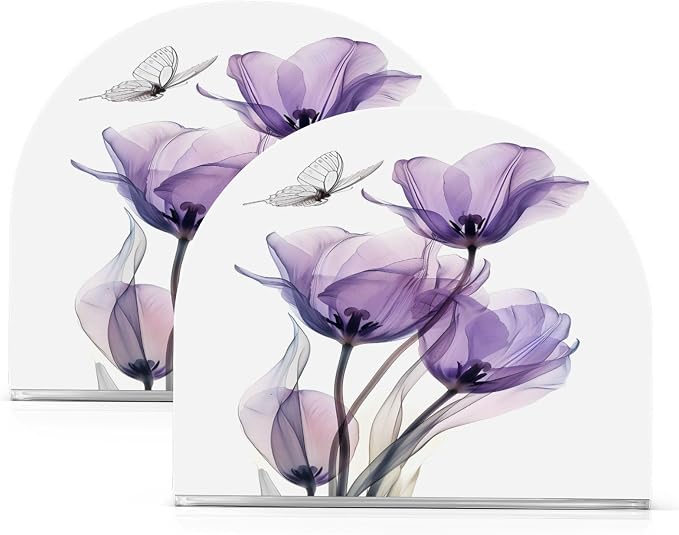 Purple Tulips Flowers Butterfly Napkin Holder for Tables Paper Cocktail Napkin Holders for Kitchen and Dinning, Acrylic Dinner Napkin Dispenser for Restaurant Home Decor Bar Accessories 1 Pack