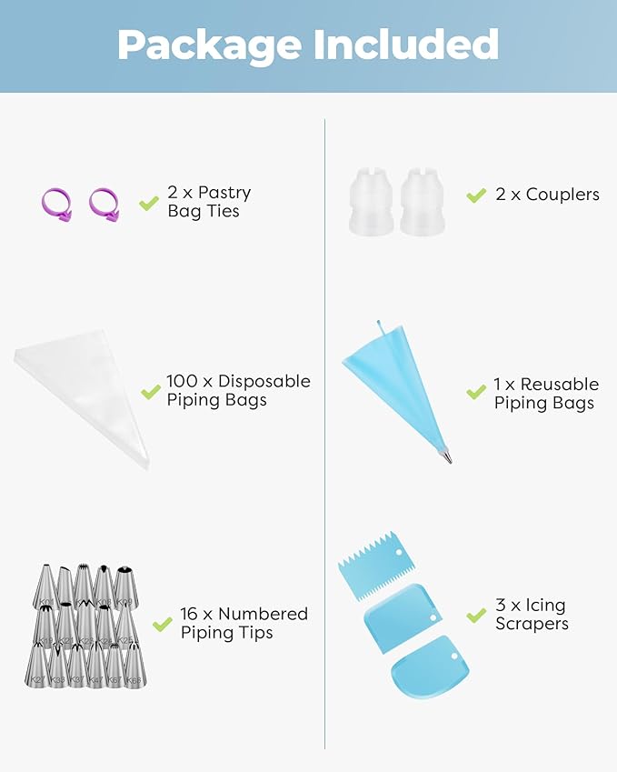 Kootek 124Pcs Icing Piping Bags and Tips Set, Cake Decorating Kit with 100 Anti Burst Piping Bags 12 Inch, 16 Icing Tips, Reusable Pastry Bag, 3 Scrapers, 2 Couplers, 2 Bag Ties (Blue)