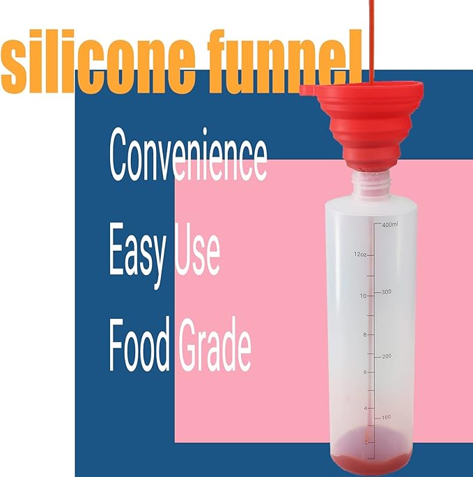 6 Pack 12 oz Graduated Plastic Squeeze Squirt Condiment Bottles with Red Twist On Cap Lids - for Condiments, Oil, Icing, Liquids–with Extra 1 Silicone Funnel, 18 Chalk Labels and 1 Pen