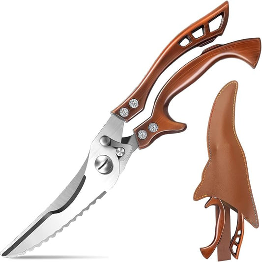 ZICOLU Poultry Shears Heavy Duty Professional, Multipurpose Kitchen Shears with Sheath, Spring-Loaded Stainless Steel Chef Scissors Cutting Bone, Chicken, Fish, Food, Meat, Full Steel Handle Brown