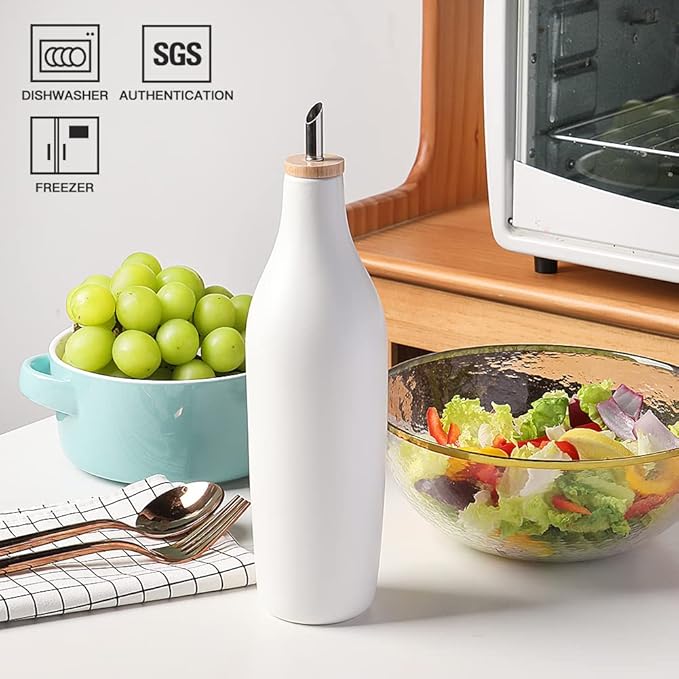 Sweejar Matte Ceramic Olive Oil Dispenser Bottle with Spout, 17 Oz Oil Dispenser for Kitchen Counter, Opaque Oil Cruet for EVOO, Vinegar, Avocado Oil Container for Cooking, Pack of 1 (White)