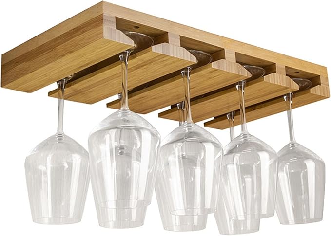 4 Sectional Under Cabinet Wood Wine Glass Rack，Hanging Shelf Stemware Rack Bar Organizer with Up to 1 Row 2 Wine Glass Storage(4 Rows)