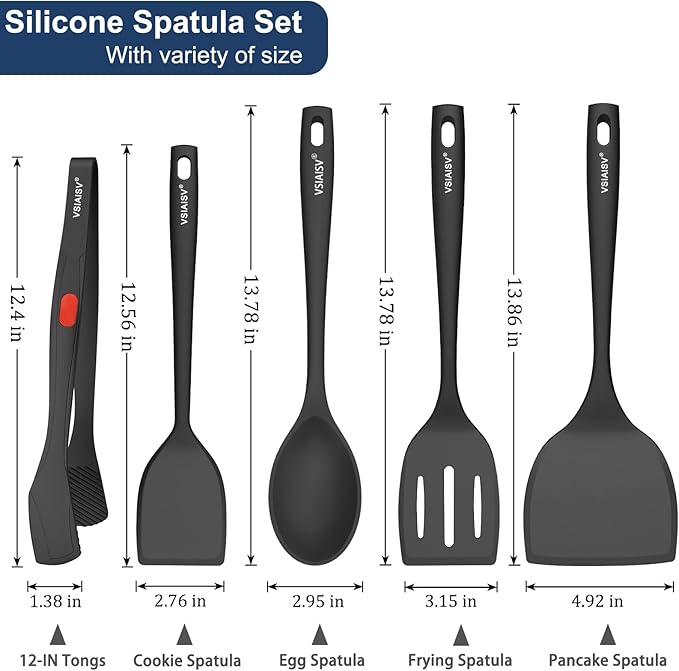 5 Pack Silicone Kitchen Cooking Utensils Set - Spatula, Turner, Tongs & Spoons for Nonstick Cookware, 600°F Heat Resistant, Non Toxic, Dishwasher Safe