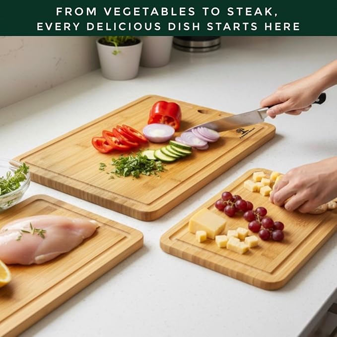 Bamboo Cutting Board Set – 3-Piece Natural Bamboo Boards with Deep Juice Grooves & Hanging Holes, Eco-Friendly Wooden Cutting Boards for Kitchen, Perfect for Chopping Meat, Bread & Fruits