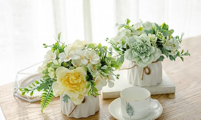 TKAS Fake Flowers Arrangement in Ceramic Vase, Artificial Faux Silk Roses & Hydrangea, Small Realistic Dried-Style Floral Dining Table Centerpiece for Wedding Party Home Decoration (Yellow)