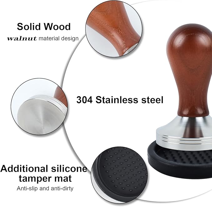 Espresso Press Hand Tamper Coffee Distributor & Tamper 49mm Walnut Wooden Handle And 304 Stainless Steel Flat Base With Mat Espresso Machines Accessory (49mm)