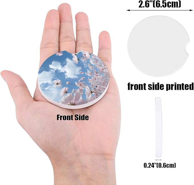 Small Car Coasters for Cup Holders 2.6" Dia Absorbent Coasters Set of 6 Car Interior Accessories for Women Men Ceramic Car Coaster for Drinks with Finger Grooves,Blue Sky Clouds Pink Flowers