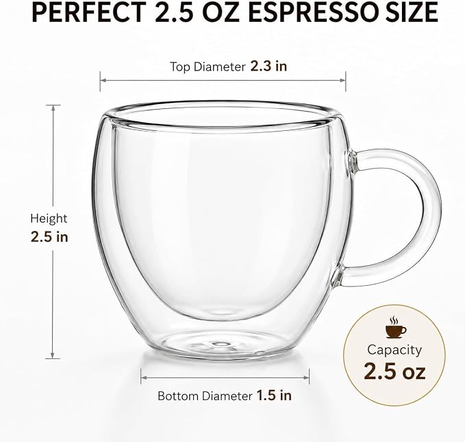 2.5oz Espresso Cups Set of 6, Small Expresso Shot Glass, Clear Expresso Coffee Cup with Handle, Double Wall Insulated Espresso Mugs,Tazas De Cafe Expreso, Suif for Espresso Machine Accessories