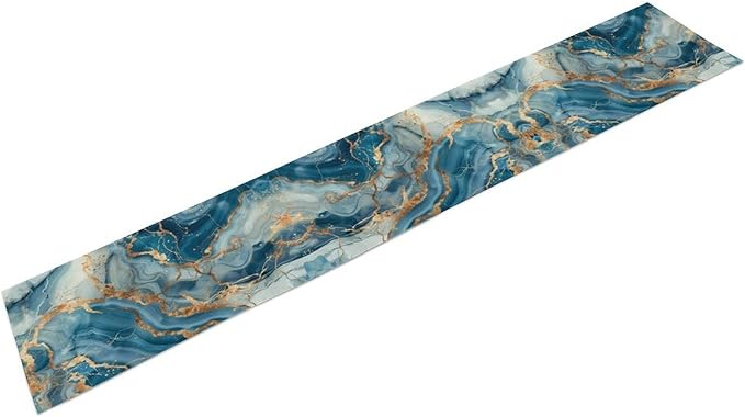 Marble Table Runner, Abstract Gold and Blue Modern Luxury Texture Pattern Printed Linen Table Runners for Kitchen Living Room Farmhouse Dining Room Party Holiday Home Decor 13" W x 108" L
