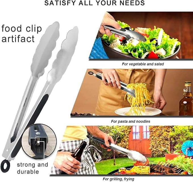 TENTA TENTA KITCHEN 9" Stainless Steel Kitchen Tongs, Locking Metal Food Tongs Non-Slip Grip (Set of 3)