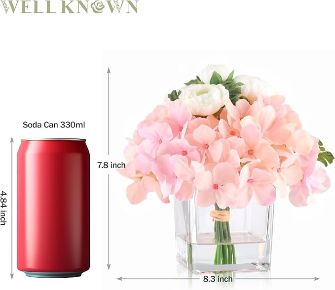 WELL KNOWN Artificial Hydrangea and Ranunculus Flowers in Vase with Faux Water, Silk Spring Pink Flower Arrangement Centerpiece for Home Dining Table Office Wedding Decor & Mom's Gift