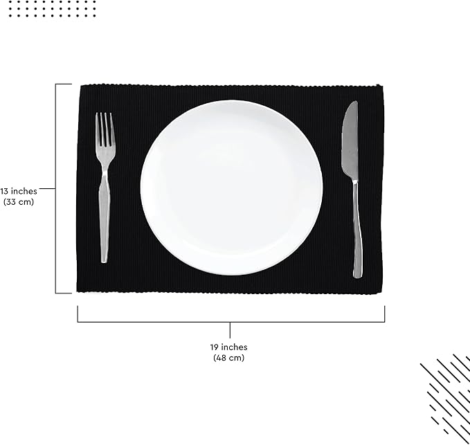 Encasa XO Dining Placemat Set of 6 | Solid Black Color | Fine Ribbed Cotton Table mat | Size 19x13 in | Machine Washable
