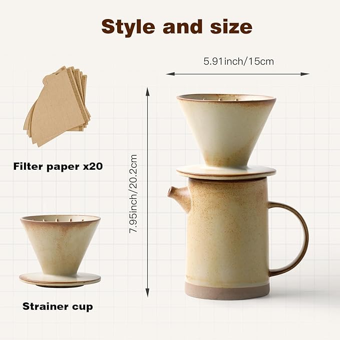 DIF DECO Pour Over Coffee Maker Set Vintage Ceramic Pour Over Coffee Dripper Set with 20 Count Paper Coffee Filters,for Home Café Restaurant Camping,15.8 Ounces(Yellow)
