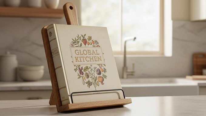 Decorative Wooden Cookbook Display Stand Recipe Book Holder For Kitchen Countertop & iPad Tablet - Handmade Country Rustic Farmhouse Style Decor For Hands Free Reading, Foldable, Brown, Gift For Chefs